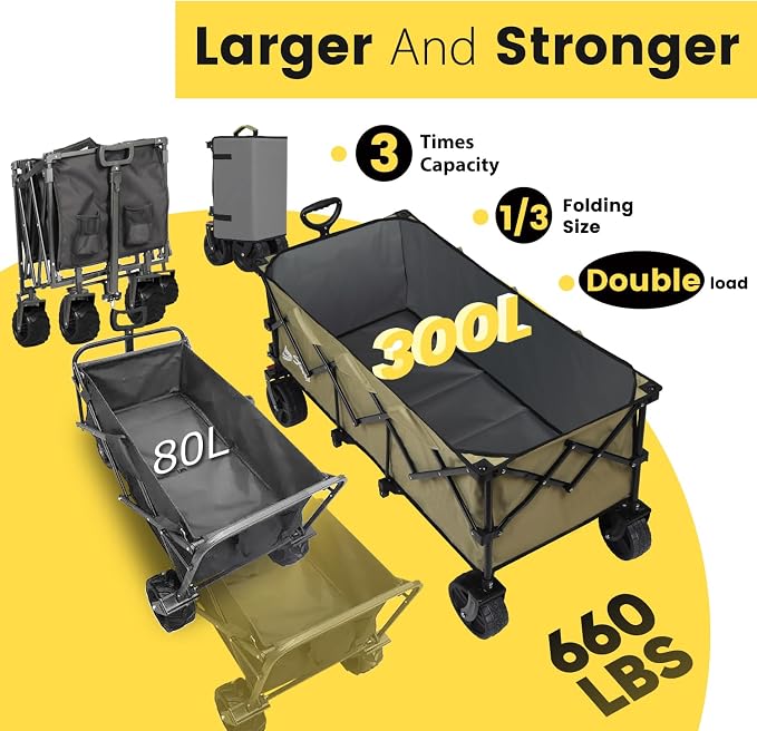 Sekey 48''L Collapsible Foldable Extended Wagon with 660lbs Weight Capacity, Heavy Duty 300L Folding Utility Garden Cart with Big All-Terrain Beach Wheels & Drink Holders. Khaki
