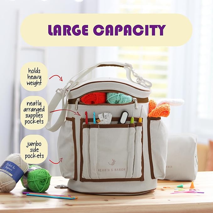 Hearth & Harbor Crochet Bag Organizer – Durable Knitting Bag, Yarn Organizer for Accessories and Supplies, Canvas Yarn Holder, Crochet Carrying Case with Accessories Pouch, Storage Organizer–Warm Gray