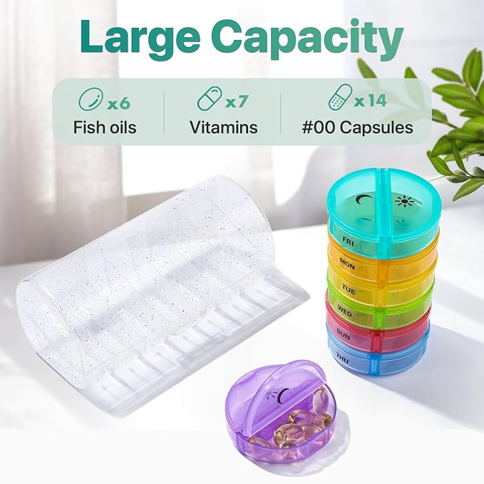 Sukuos Large Weekly Pill Organizer 2 Times a Day, Daily Pill Box 7 Day Easy to Open with Double Protection, AM PM Pill Case for Medicine/Vitamin/Fish Oil/Supplements (Glitter Clear)