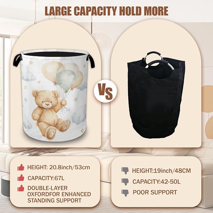 Cute Bear Laundry Basket,Waterproof Foldable Laundry Hamper,Dirty Clothes Laundry Basket, Linen Bin Storage Organizer Collection 16" x 20.8"