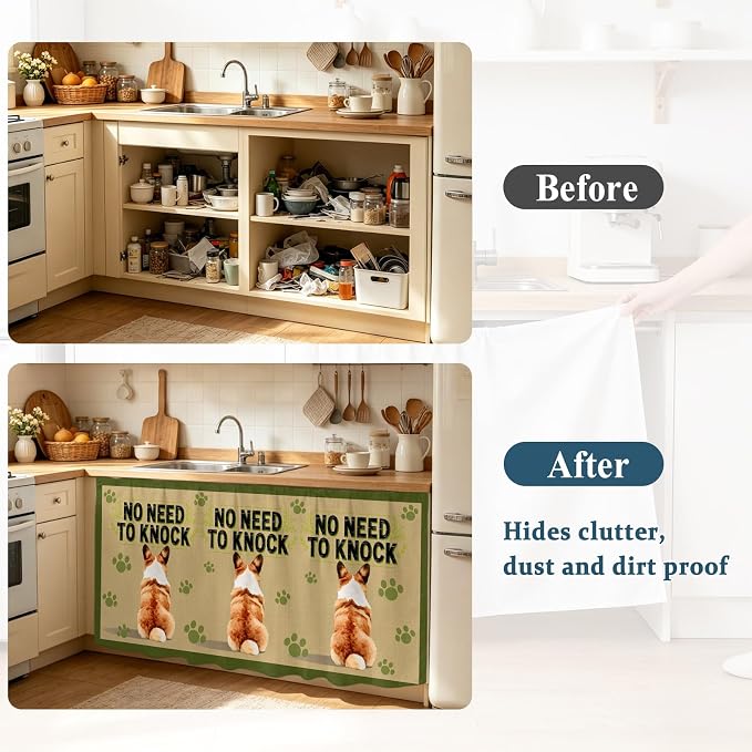 NO Need to Knock Sink Skirt for Bathroom, Self-Adhesive Under Sink Curtain, Corgi Dog Paw Prints Pet Lover Farmhouse Hide Pipes & Storage Fabric Cabinet Skirt Cover for Kitchen Laundry 32"x55"