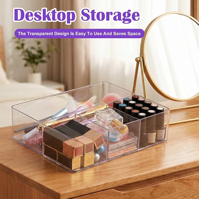 4-Piece Acrylic Organizer Set, Makeup Organizer for Drawer, Vanity, Countertop, Bathroom & Kitchen Storage, Clear PET Desktop Organizers with Compartments (2 Open + 2 Three-Cell Boxes)