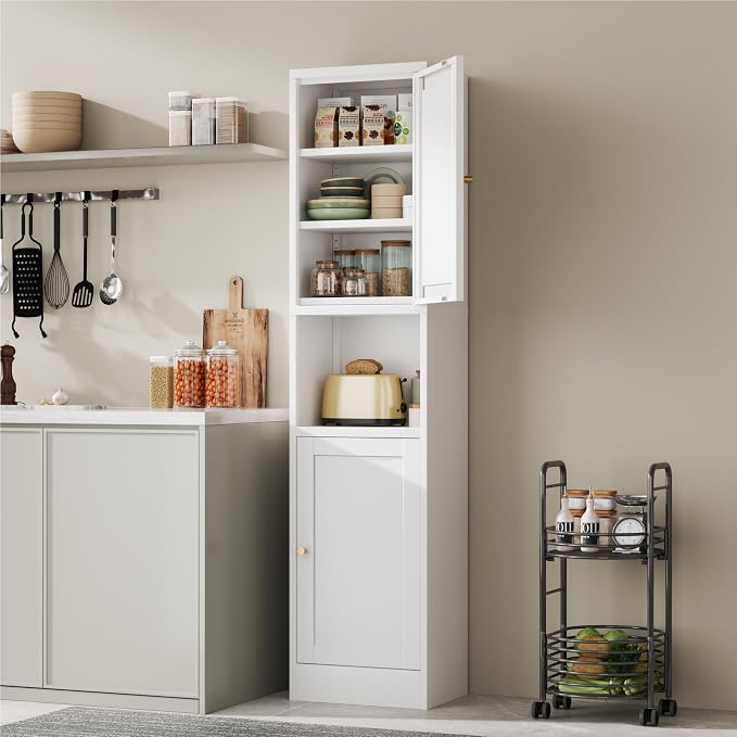 YAUWOH 2-Door Metal Storage Cabinet, Tall Slim Pantry Organizer with 3 Adjustable Shelves (120LBS/Shelf), Anti-Tipping Waterproof Cabinet for Bathroom/Kitchen/Home Office/Small Spaces, (1PC,White)