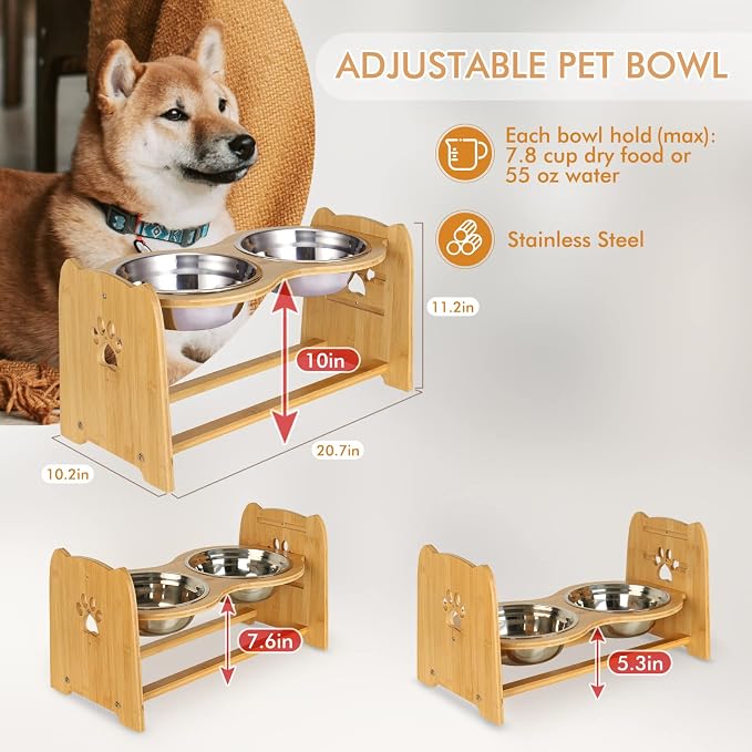 X-ZONE PET Elevated Dog Bowls for Cats and Dogs, Adjustable Bamboo Raised Dog Bowls for Large Dog, Food and Water Stand Feeder with 2 Stainless Steel Bowls Anti Slip Feet (Height 5.1" to 7.5" to 10")…