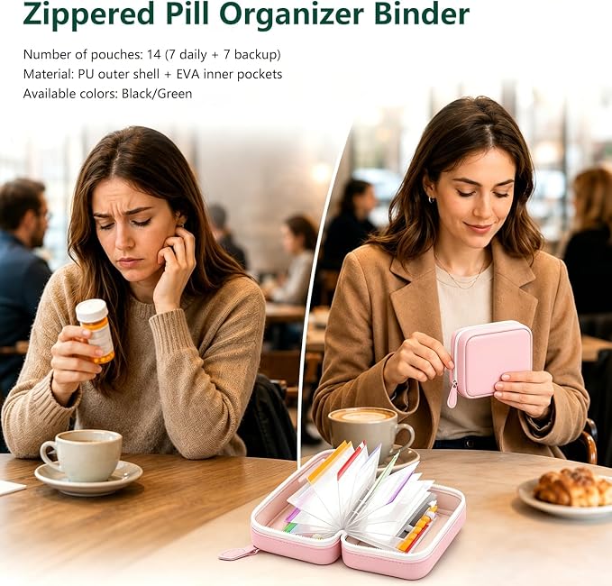 Waterproof Pill Organizer Set, Waterproof Pill Pouch Set for Travel, Pill Storage with 14 Color-Coded Pouches and Zipper, Reusable Travel Medicine Organizer for Vitamins Supplements Fish Oils (Pink)