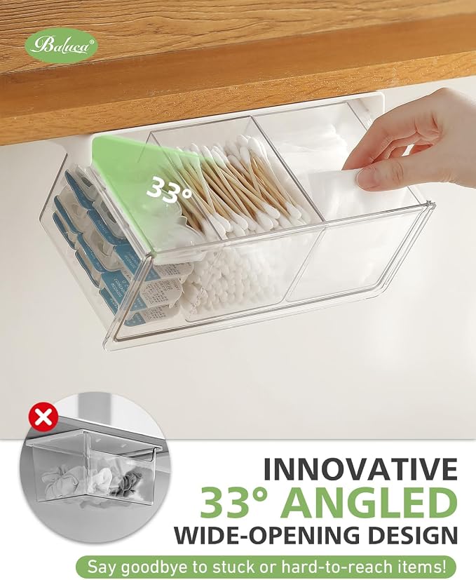 BALUCA Small Clear Stackable Storage Drawers – 33° Angled Acrylic Makeup Organizer for Vanity, Undersink & Kitchen Cabinets | Multi-Purpose Plastic Storage Bins & Drawer Organizer Bins (Large)