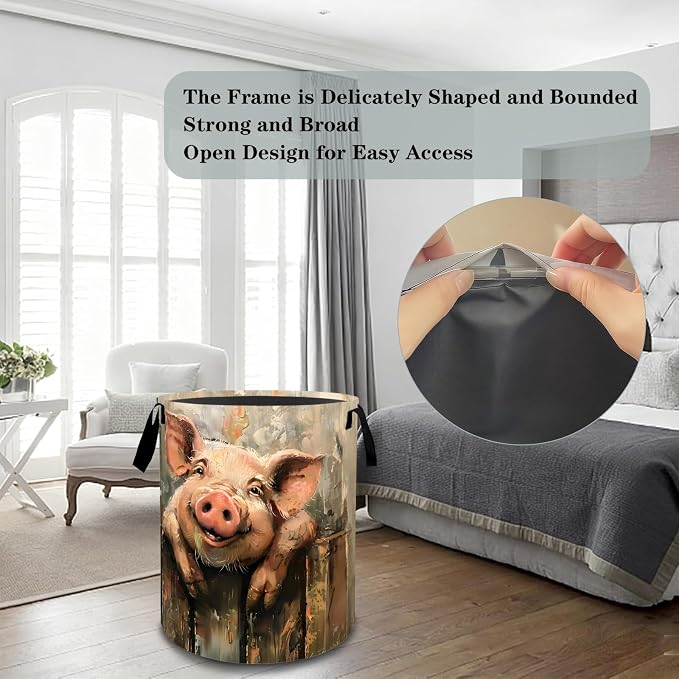 Smiling Pig Laundry Basket Hamper, Organizer Bins Gifts for Women Kids, Farm Animal Foldable Waterproof Clothes Hamper Handles Storage Bucket for Bedroom Bathroom Room Decor 19.7"x15.7"