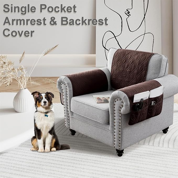 Recliner Armrest Cover with Headrest, Chair Armrest Slipcover with Side Pockets, Water-Resistant, Non Slip Furniture Protector for Pets (Coffee,2 Seater 4PCS)