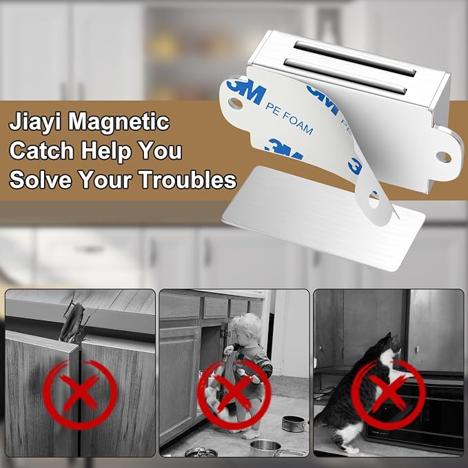 Jiayi Magnetic Cabinet Door Latches, Cabinet Magnetic Catch 2 Pack Magnetic Door Catch Self Adhesive Cabinet Door Magnet Stainless Steel Magnetic Cabinet Catch for Kitchen Cupboard Closet for Drawer