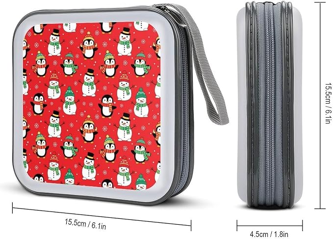 Protective 40-Capacity CD Organizer Christmas Cute Penguin Snowman Red, Hard Case Storage Binder with Zipper, Portable Wallet for Car Home Office