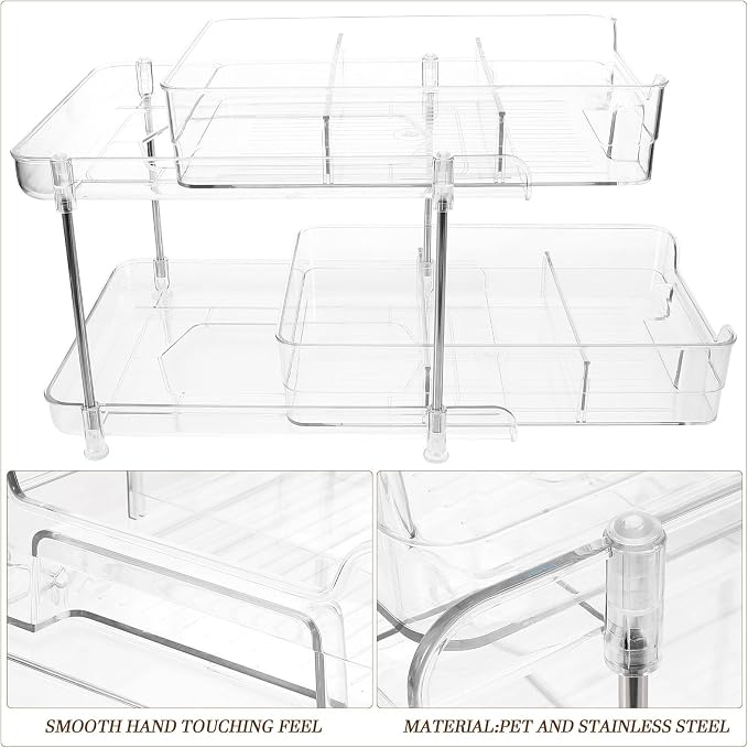 Ipetboom Double-layer Pull-out Storage Shelf Organizer for Kitchen and Bedroom, Made of Pet and Stainless Steel, Firm and Sturdy with Soft Feel, for Home Supplies and Bathroom Storage