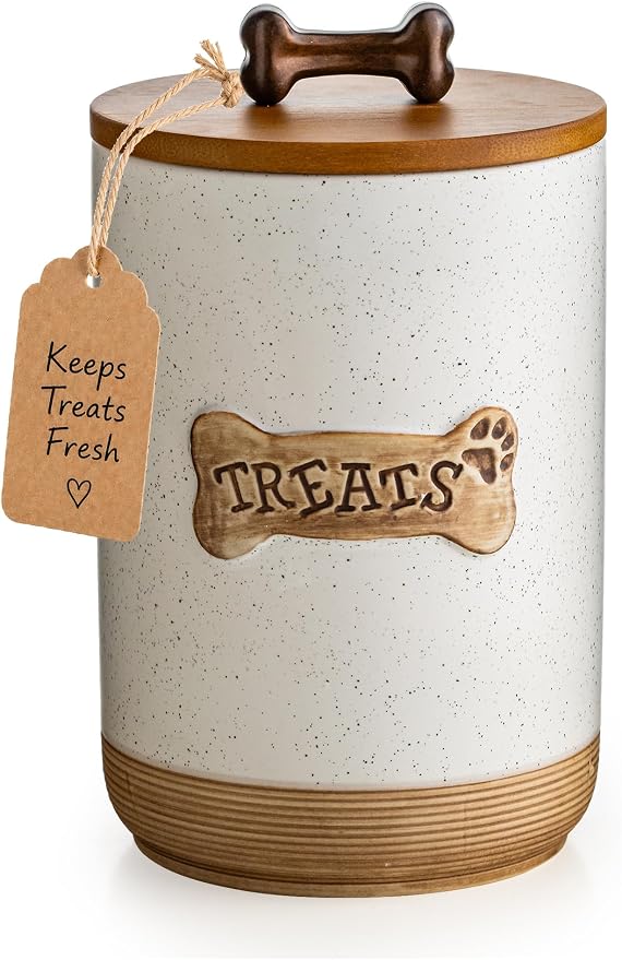 Miamolo Airtight Dog Treat Jar with Lid, Dog Treat Container for Countertop | Ceramic 8 Cups, Easy to Open | Small Dog Food Storage Canister, Farmhouse Dog Biscuit Jar Dog Lovers Gift | Bone Dotted White