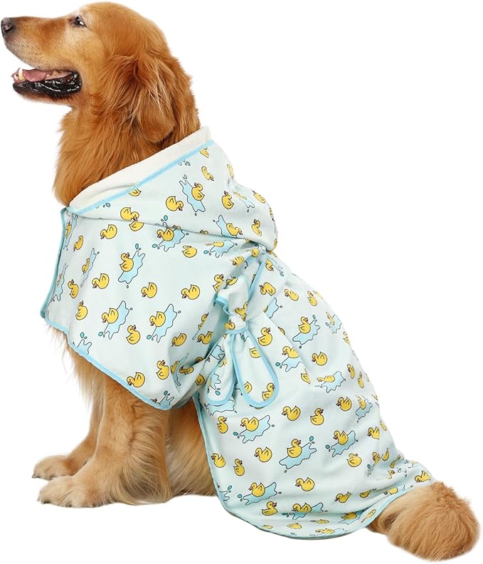 HDE Dog Bathrobe Super Absorbent Quick Drying Puppy Towel Wrap Coat Adjustable After Bath Robes with Hood for Dog Sizes S-XXL Rubber Duck Puddles XL
