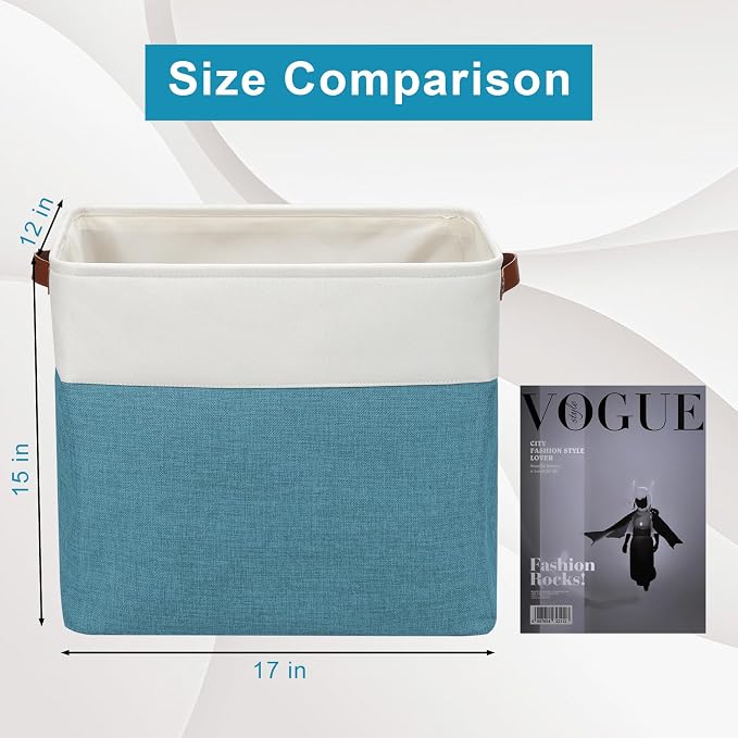 Bagnizer Large Fabric Storage Baskets | 50L Storage Bins, Decorative Linen Closet Baskets with Handles for Organizing, Shelf, Toys, Clothes, Home, Office, Nursery, 17x12x15Inches (Teal&White)
