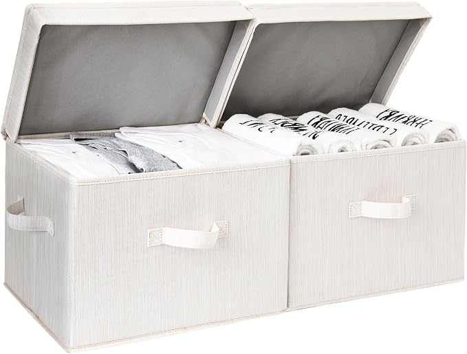 StorageWorks Fabric Storage Bins with Lids, Closet Storage Bins | Flip-Top Lid, 3 Handles, Collapsible, Stackable, for Clothes Blankets, Multi-Purpose, Large, White & Ivory, 2-Pack