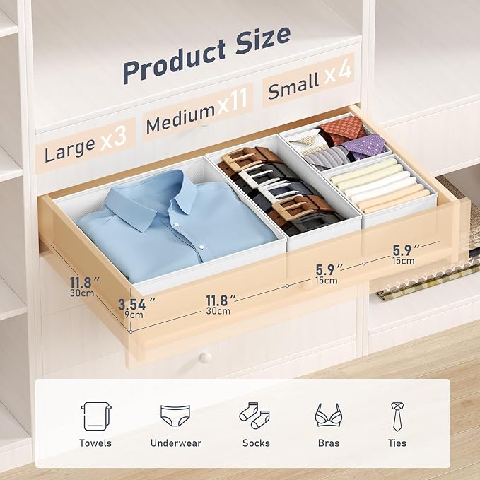 DIMJ Drawer Organizer Clothes Storage - 18 Pack Baby Dresser Organizer for Nursery, Foldable Closet Drawer Organizer Bins for Bedroom Organization, Fabric Storage Dividers for Socks, Underwears, White