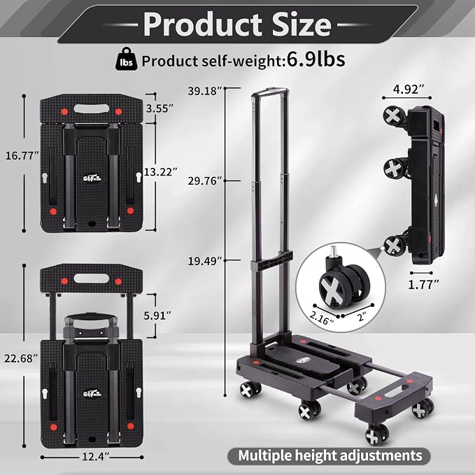 GtIiFmTe Foldable Hand Truck, Lightweight Luggage Cart for Airport Car Seat | Compact Folding dolly with Rotating swivel wheel,storage size12×15.7×4.1",300lbs Load,Upright Lock Handle with 3bungee cords