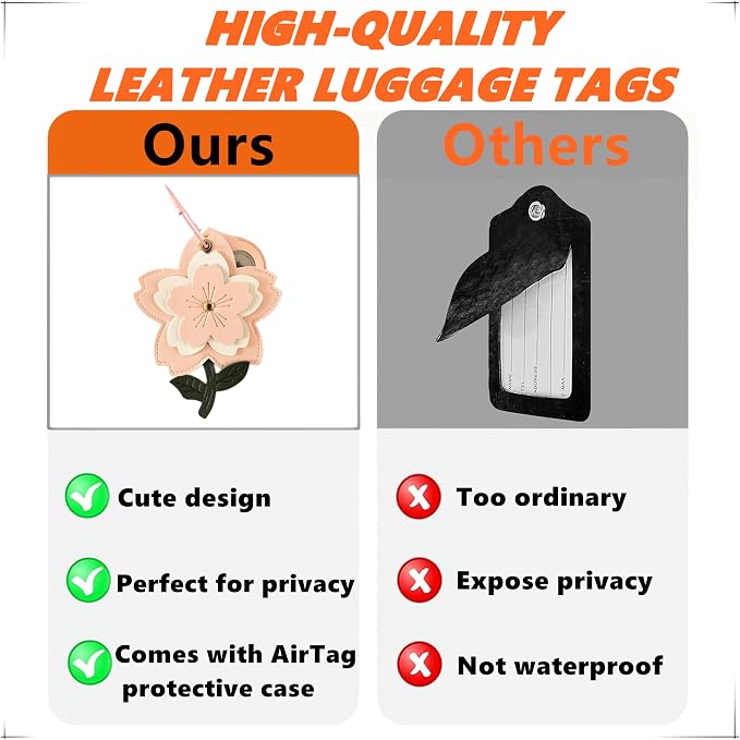 PU Leather Luggage Tag with Airtag Holder Case Set and Name ID Label | Hidden Compartment for AirTag Travel Suitcase Tracking Case with Stainless Steel Loop,Cute Fruit Plant Animals Styles,sakura