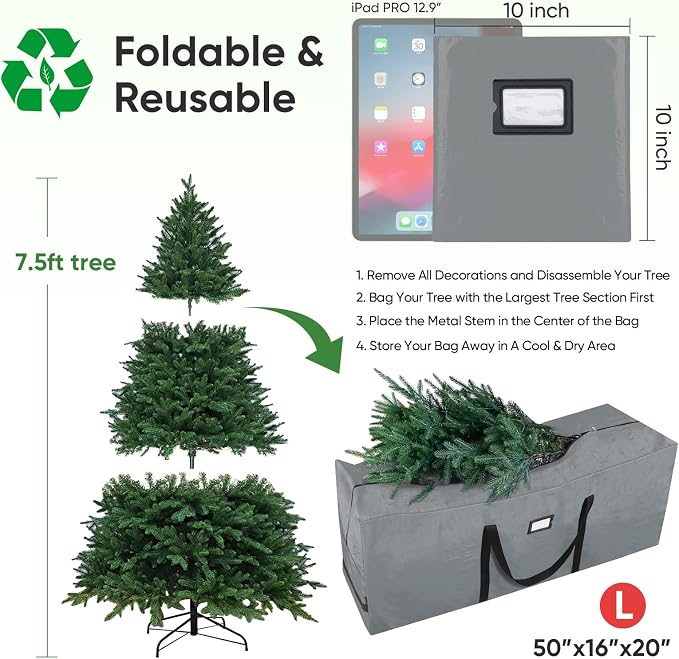 BALEINE 7.5 ft Christmas Tree Storage Bag, Heavy Duty Extra Large Artificial Christmas Tree Bag with Reinforced Handles and Dual Zippers Wide Opening (Gray, 7.5 ft)