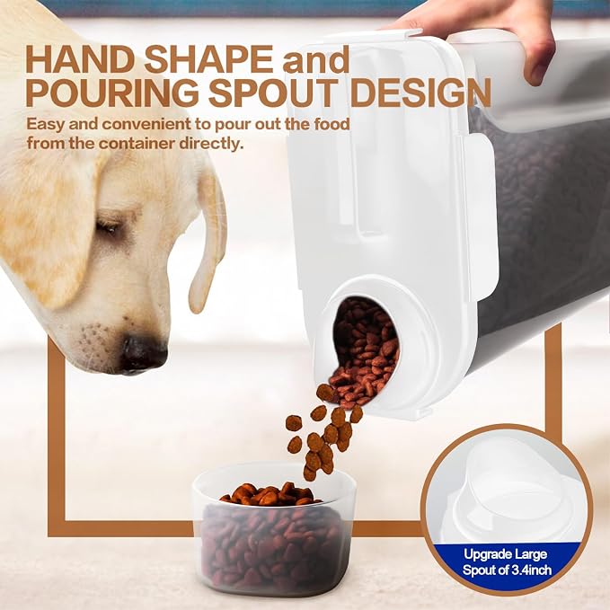 TIOVERY Dog Food Storage Container, 5-7 Lbs Airtight Pet Food Container, Cat food Container Dispenser with Portable Handle, Pouring Spout and Measuring Cup for Dogs Cats 2Pack White/6Qt