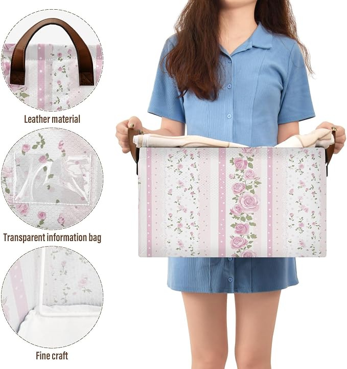Pink and White Striped Rose Floral Storage Basket Foldable Cube Storage Bin with Handles&Label Collapsible Organizer Box Bin Large Rectangle Decorative Basket for Shelve Home Living Room Closet