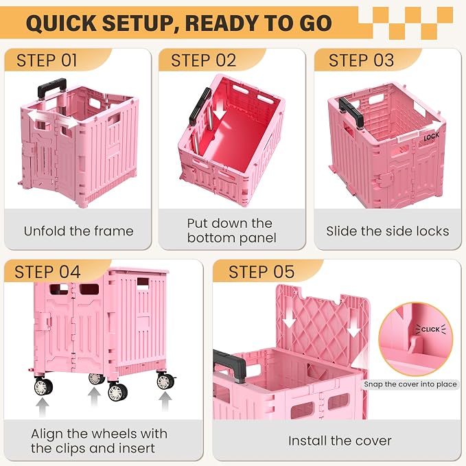SUNALLY Folding Utility Cart Rolling Crate Handcart Shopping Trolley, Pink | Lockable Collapsible Tool Box with Lid, Rolling Crate With Wheels for Grocery, Travel, Garden, Shop, Office, Luggage, Teacher
