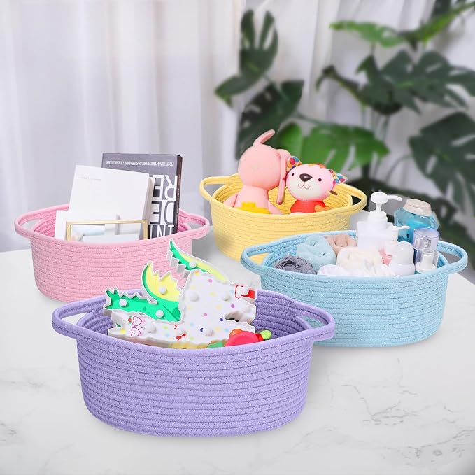 ABenkle Small Basket with Handles, Boho Decorative Rope Woven Dog Cat Toy Storage Bin Shelf Storage Organizer, Easter Christmas Gift Basket, 12"x8"x5"