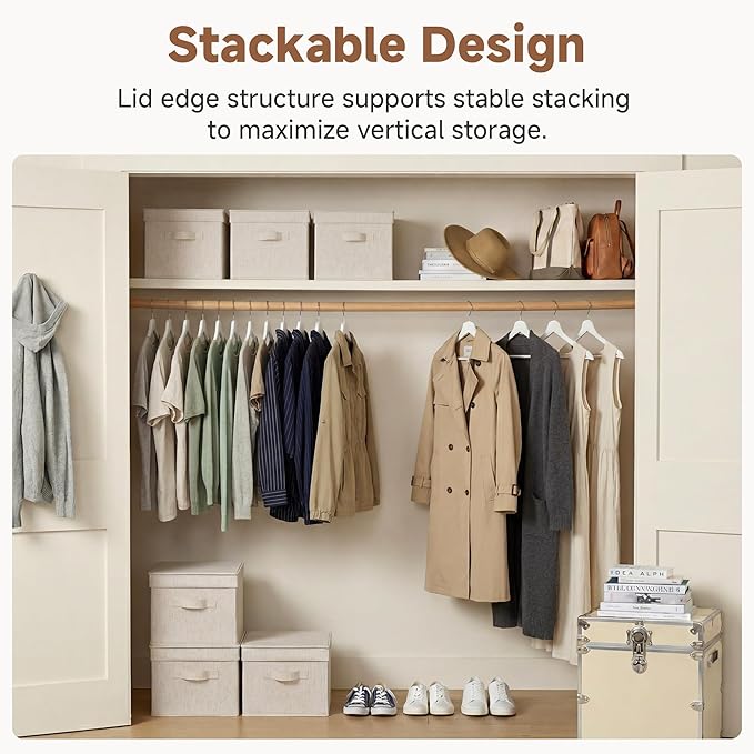 StorageWorks Fabric Storage Bins, Storage Basket with Lid, Closet Bins | Lidded Dust-proof, Easy Pull Handles, Foldable, Stackable, Ideal for Clothes Blanket Towel, Large, Rustic Linen, 3-Pack