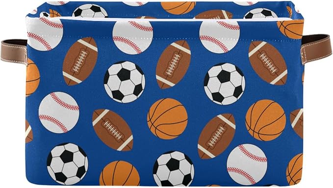 DOMIKING Rectangular Storage Bin Football Baseball Sports Print Storage Baskets with Handles Toy Bins Shelf Basket for Nursery Room Kids Pets Toy Closet