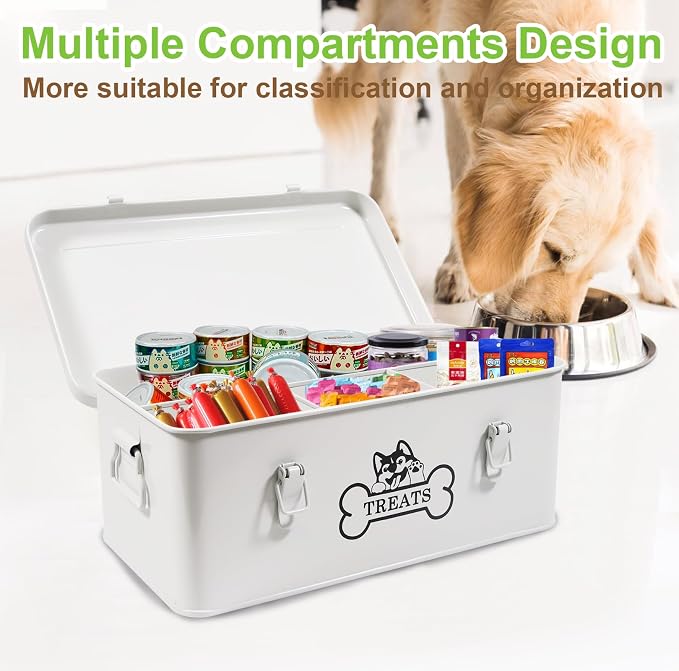 Metal Dog Treat Container, 4 Compartment Dog Treat Organizer | Dog Treats Storage Box with Lid, Rectangular Dog Cat Treats Station, Durable and Great Gift for Pet Owners