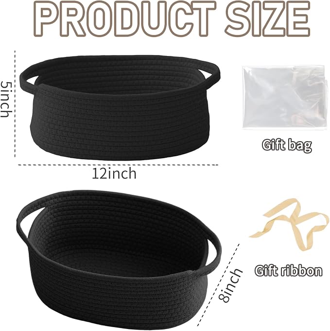 JMvicyroam Small Woven Basket, Empty Gift Basket, Black/3 Pack | Small Gift Basket, Cotton Rope, 12 x 8 x 26 in, Handles, Includes Ribbon and Bag, Birthday Gift Basket