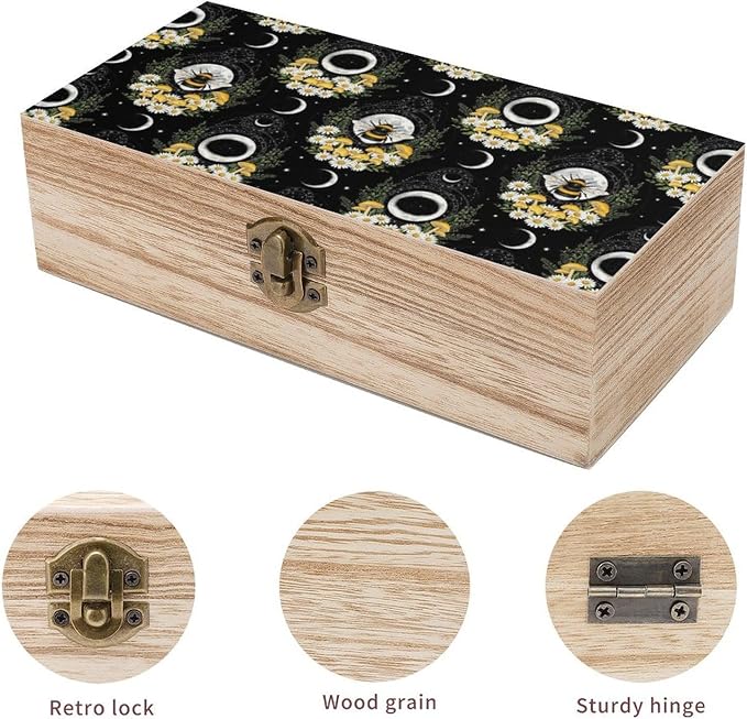 Wooden Storage Boxes Decorative Keepsake Organizer with Lid, Witchy Gothic | Moon Mushroom Floral Bee Memory Box for Picture Letters, Holiday Party Decoration, 9.2x5.5x3.9 Inch