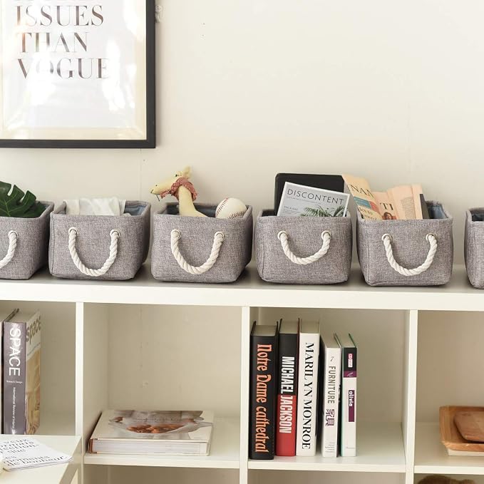 Foldable Small Storage Baskets with Strong Cotton Rope Handles [6-Pack] Gray Collapsible Storage Bins Set Works Room Storage, Nursery Baskets