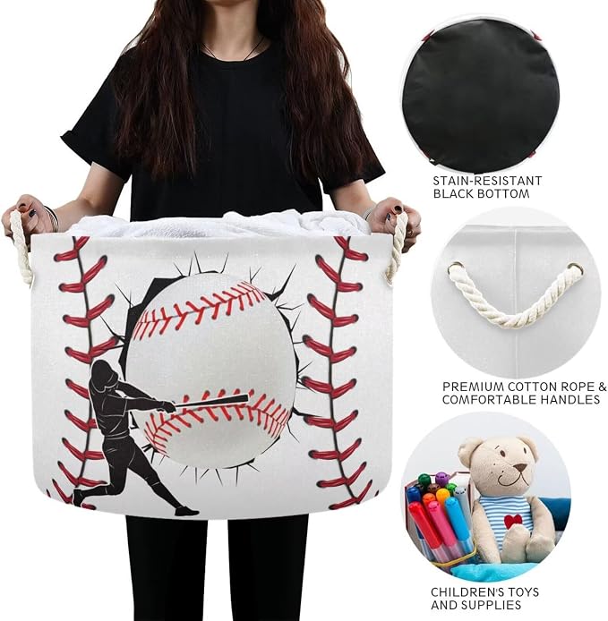 Baseball Pattern Collapsible Round Storage Basket with Handles | Sport Ball Large Laundry Baskets Hamper, Organizer Bin for Nursery Bedroom Living Room Decor, 20x 20x 14 Inches