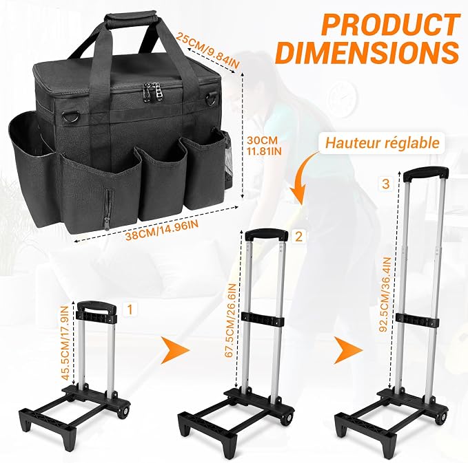 Large Cleaning Caddy Bag with Wheels,Cleaning Bags with Detachable Trolley,Cleaning Supplies Bag Built-in Hard Support Board,Waterproof,Multiple Storage Pockets for Housekeepers