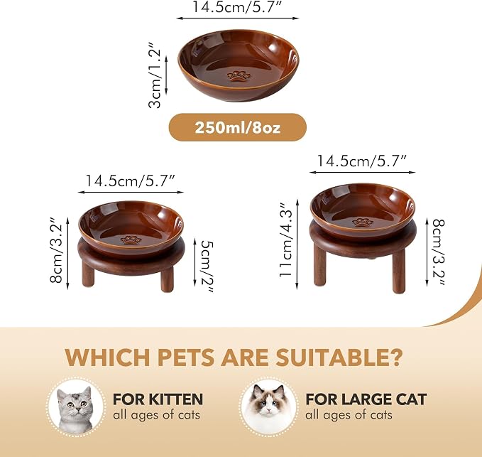 Havniva Elevated Cat Bowls, Ceramic Cat Bowl with Wood Stand, Wide Opening | 5.7” Raised Cat Food Bowls, Whisker Friendly Cat Dish, Anti-Slip Cat Water Bowls, Shallow Cat Bowls, Cat Food & Water Bowl
