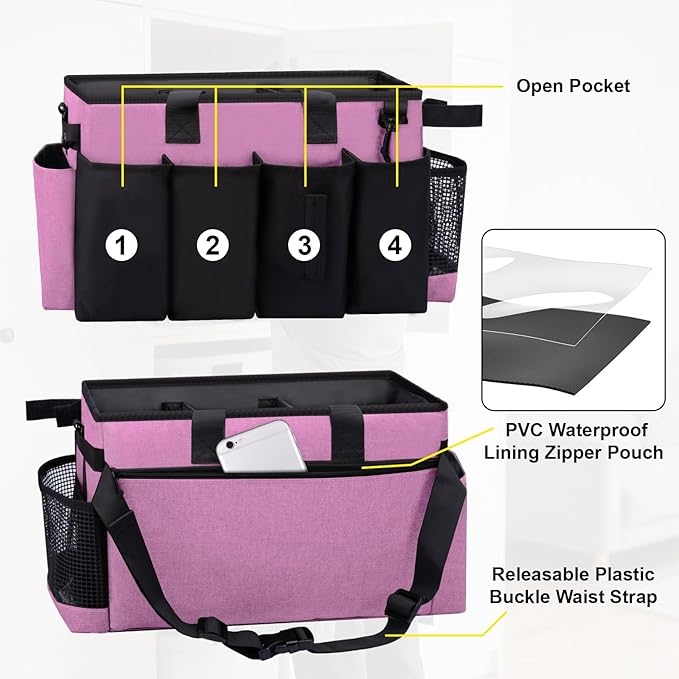Wearable Large Cleaning Caddy Bag for Housekeepers (Pink) | Cleaning Supplies Organizer with Adjustable Shoulder, Waist & Handle Straps, Detailing Bag for Kitchen Supplies