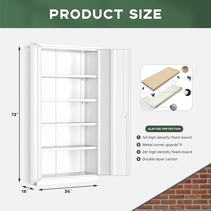 Greenvelly Metal Storage Cabinet, 72" Locking Metal Garage Storage Cabinet with Doors and 4 Adjustable Shelves, Lockable Steel Cabinets for Home Office, Garage, Shop, School (White 36" W x 18" D)