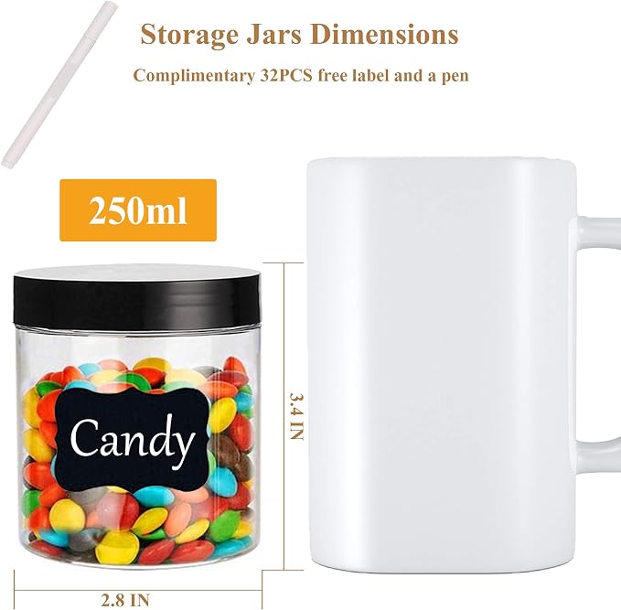 Hajoyful Plastic Jars with Lids Empty Slime Cosmetics Containers Clear Gift Food Jars Round PET Cream Jar with Black Lids Pen Labels for Kitchen Storage Spices Dry Food Body Butter Making(8OZ 32PCS)
