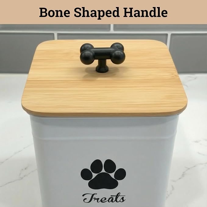 Dog Treat Container Airtight, 6"W x 8"H, Powder Coated, 12 Cup Capacity | Fits All Popular Treats, 12 Cup Capacity, Airtight Bamboo Lid, Easy Open Lid, Dent-Resistant Durable Metal Bone-Shaped Handle