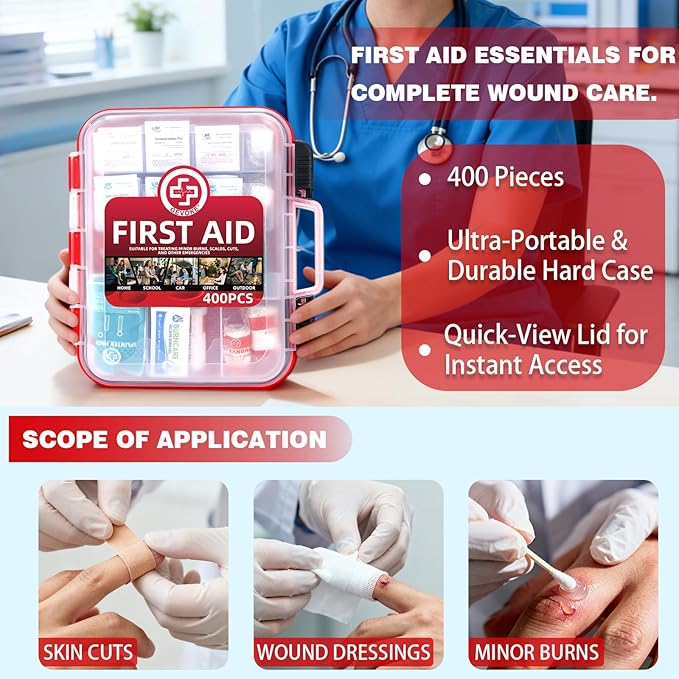 400 Piece First Aid Kit, Organized Dual-Layer Wall-Mountable Hard Case | Sturdy Case, Complete Medical Kit for Home, Car, Camping, Travel, Hiking, Truck, Office, Sports & Outdoor Emergencies