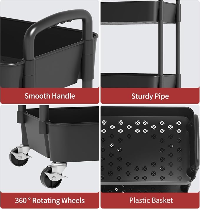 Sywhitta 4-Tier Plastic Rolling Utility Cart with Wheels for Storage, Black | Multi-Functional Storage Trolley, for Office, Living Room, Kitchen, Bathroom,Movable Organizer,Space-Saving,Easy to assemble