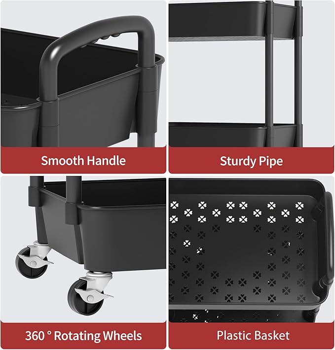 Sywhitta 3-Tier Plastic Rolling Utility Cart with Handle, Multi-Functional Storage Trolley for Office, Living Room, Kitchen, Movable Storage Organizer with Wheels, Black (Pack of 2)