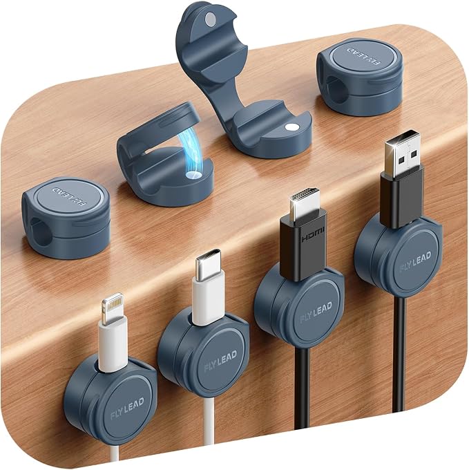 FLYLEAD 8-Pack Silicone Cord Organizer Magnetic Cable Clips, Adhesive | Resilient Yet Soft Rubber Cord Management Holder for Home Office Desk Accessories, Nightstand Phone Charger Wire Organization