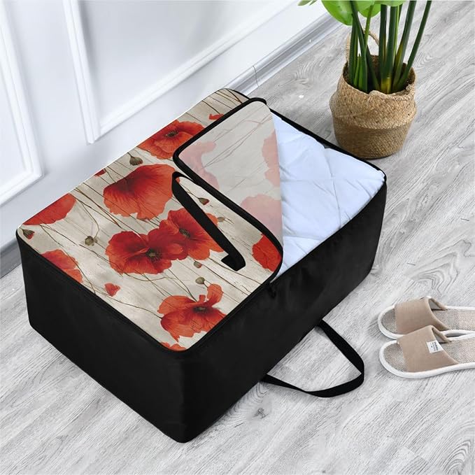 Comforter Storage Bags Large Folding Blanket Organizer Bag with Strong Handles Clear Window Closet Storage Containers for Clothes King Queen Pillows Bedding Quilt Duvet Rustic Red Poppy Flowers