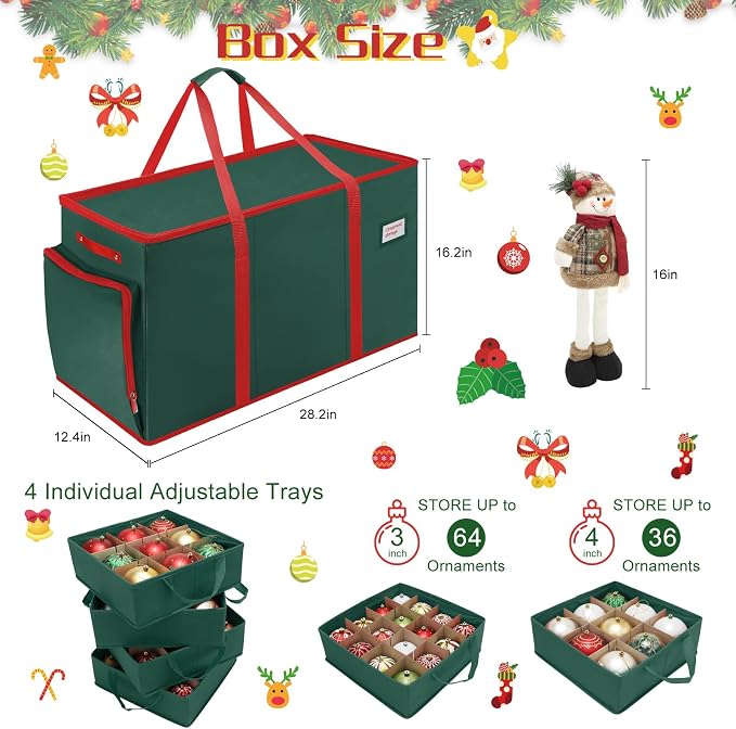 2-in-1 Christmas Ornament Storage Box Keeps 64-3"/36-4" Holiday Ornaments | Xmas Figurine Organizer Container,4 Separate Trays , Adjustable Extent Area for Figurines and Pockets for Holiday Décor