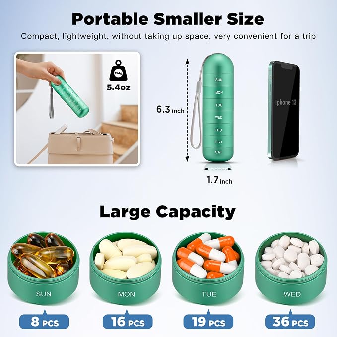 Zannaki Metal Moisture Proof Weekly Pill Organizer, Stackable Aluminum Alloy BPA Free Travel Hiking 7 Day Pill Box Case Waterproof and Large Compartment to Hold Pills, Vitamins, Fish Oil, Supplements