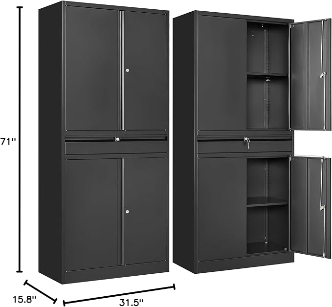 Metal Garage Storage Cabinet with Drawer and Lock,Black Metal Storage Cabinet with Locking Doors and Adjustable Shelves,71" Tall Large Steel Tool Cabinets for Home,Office,Garage,Shop