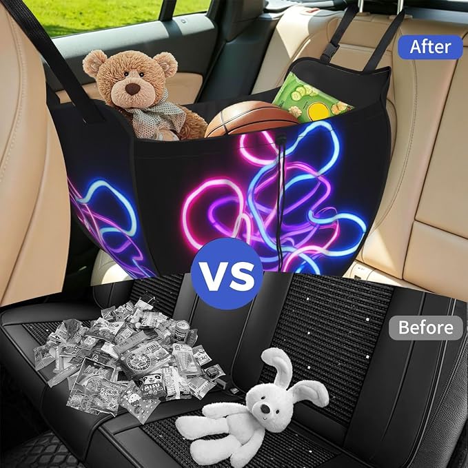 Neon Tube Car Seat Organizer-Backseat Storage Bag for Travel | Waterproof Durable. Holds Snacks Gear Essentials. Fits Most Cars.
