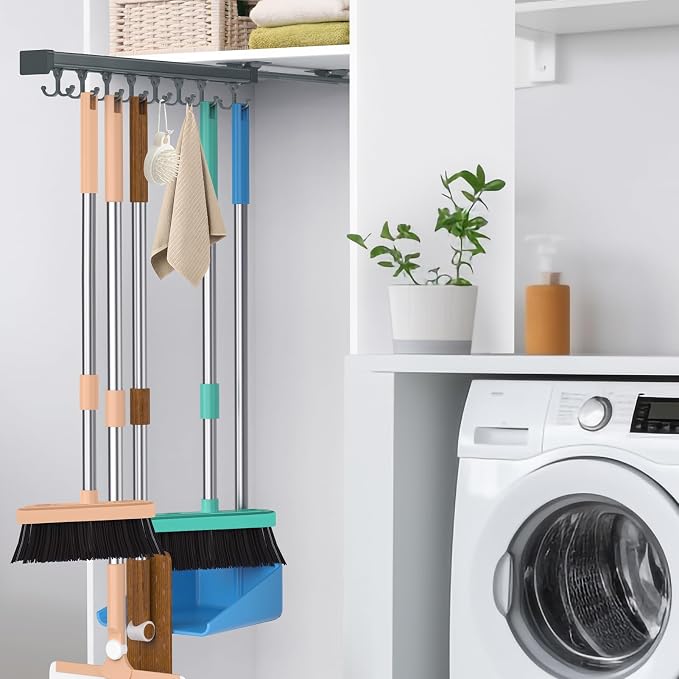 Pull Out Broom Holder With Adjustable Double Row Sliding Hook-Grey 18.11in | High Load Capacity, Multifunctional Slide Broom And Mop Storage/Garage Organization Hooks, for Closet Laundry, kitchens